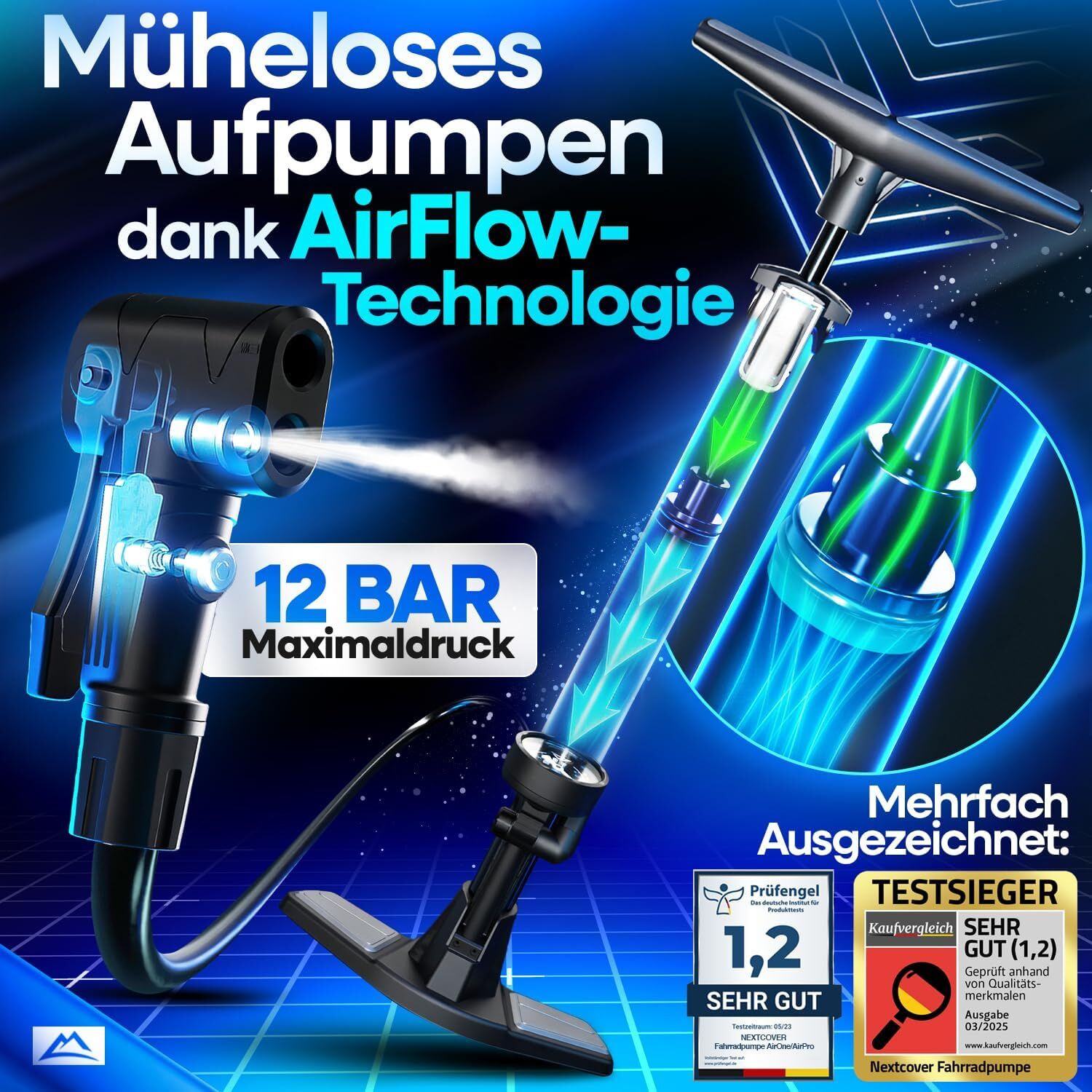 NEXTCOVER Fahrradpumpe Alle Ventile mit Airflow-Technologie Pumpe für Autoventil Presta Ventil & Dunlopventil I Standluftpumpe Fahrrad mit Manometer Luftpumpe Fahrrad