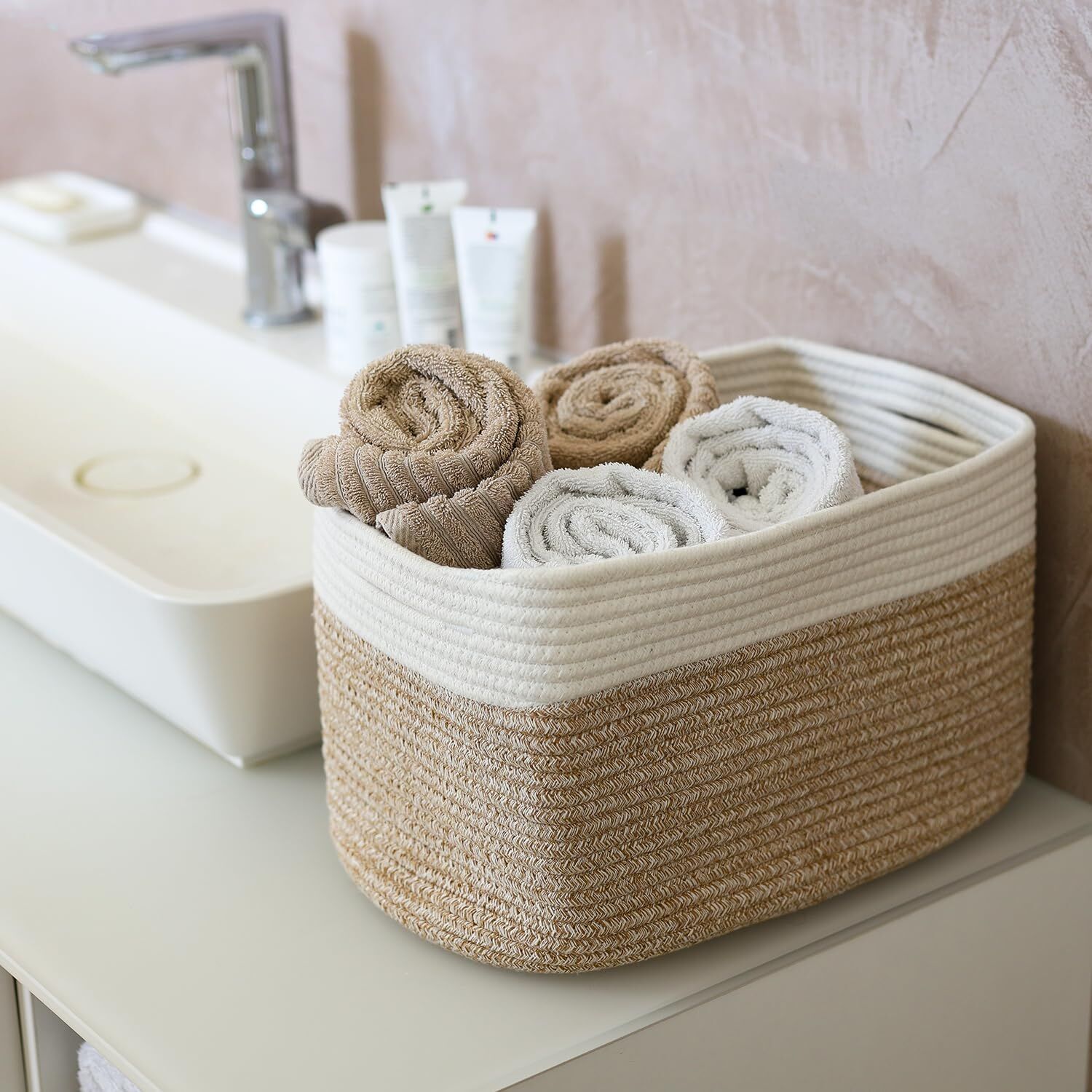 HMF Aufbewahrungskorb mit versteckten Griffen 3er Set Korb aus Baumwolle 37,5 x 25 x 22,5 cm Weiß-Braun