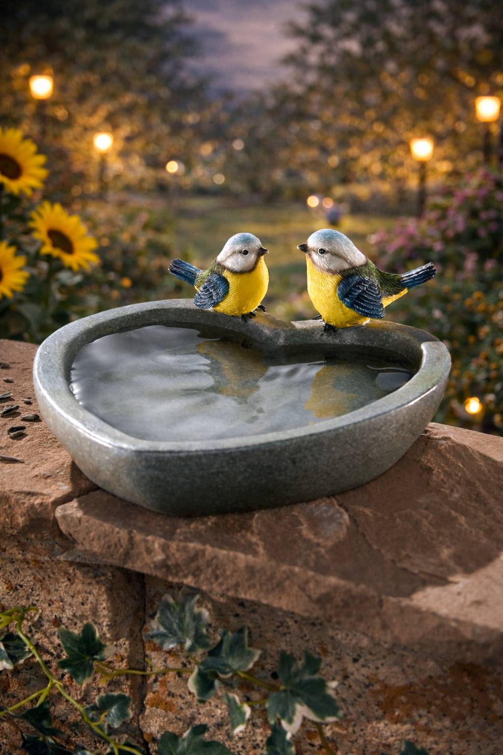 singvogel, blaugelb, vogel staute, wasserschale, garten deko