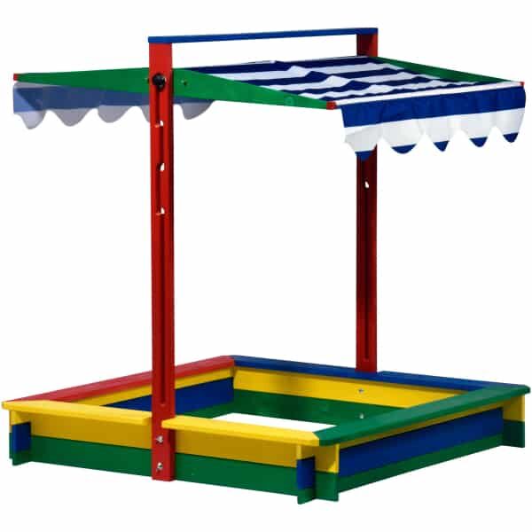 sandkasten, bunte farben, holzrahmen, markise, spielstruktur