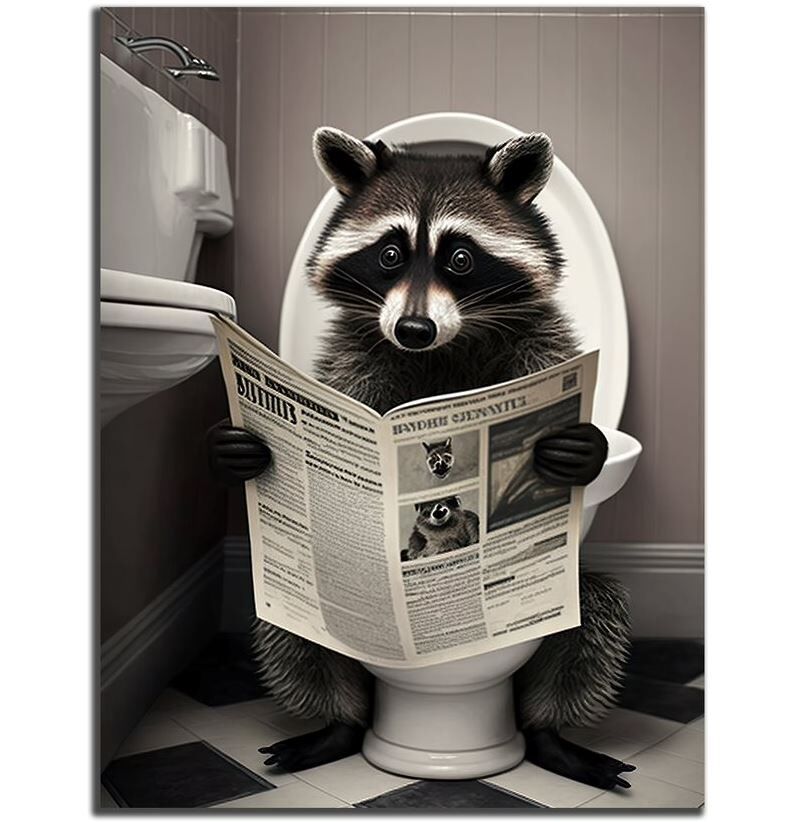 Wandbild Waschbär auf Toilette 30x40cm HDF