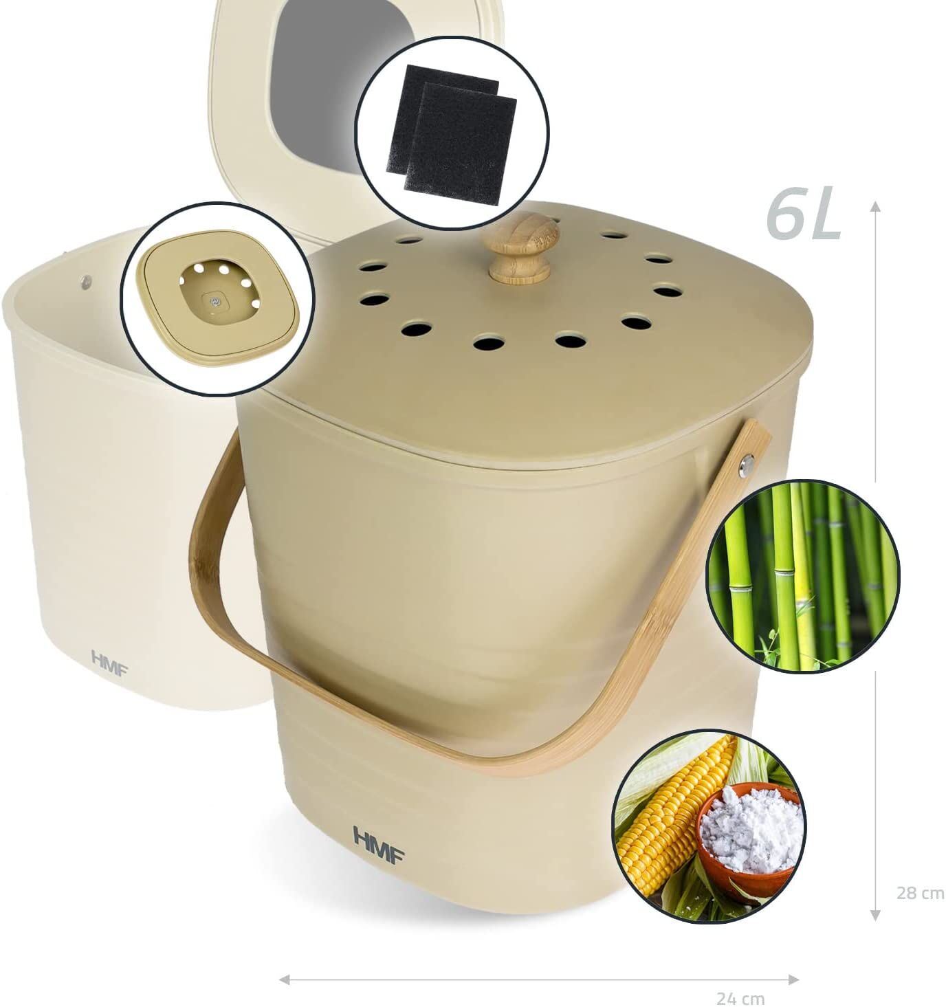 HMF Nachhaltiger Biomülleimer Komposteimer mit Deckel 6L beige