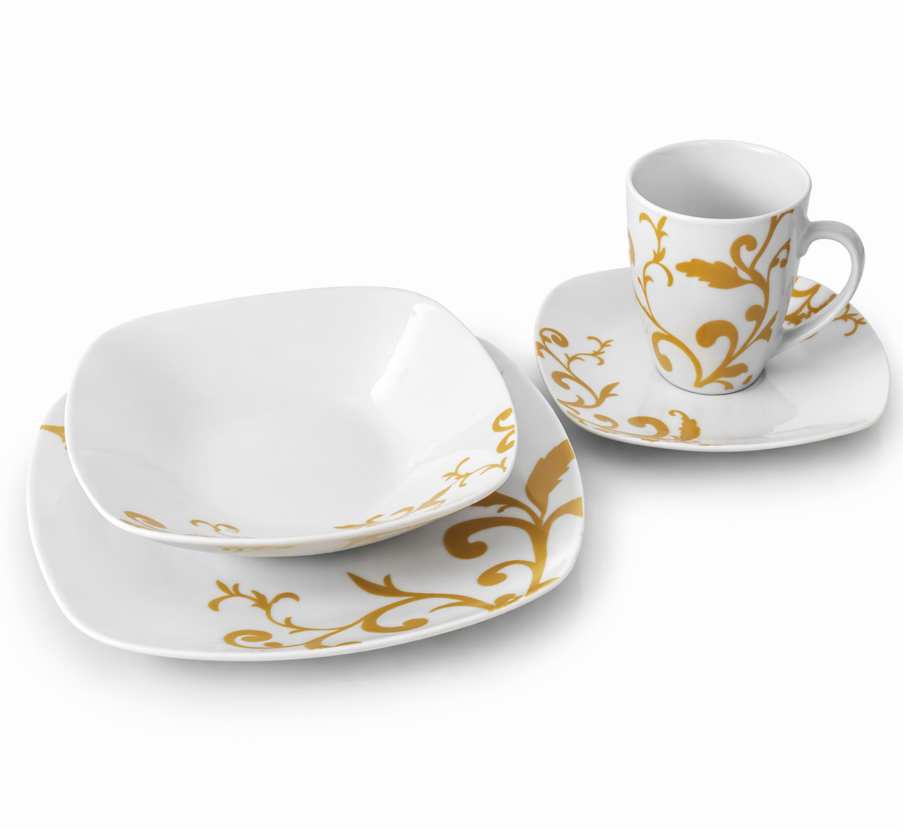 Geschirrset, Teller, Tasse, Ornamentale Muster, Weiß-Gold
