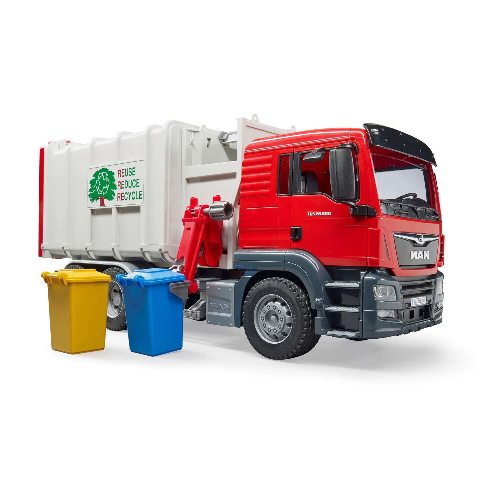 bruder 03762 - Man TGS Hecklader Müll-LKW & 2 Mülltonnen - 1:16 Abfalltonnen Müllabfuhr Müllauto Müllwagen Müllmann Abfallentsorgungs-Fahrzeug Lastwagen Laster Spielzeug