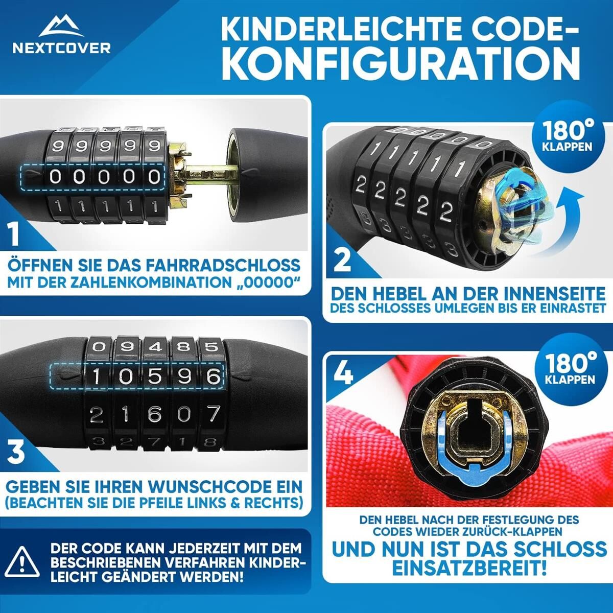 NEXTCOVER Fahrradschloss mit Zahlencode Zahlenschloss Bike Lock Kettenschloss rot