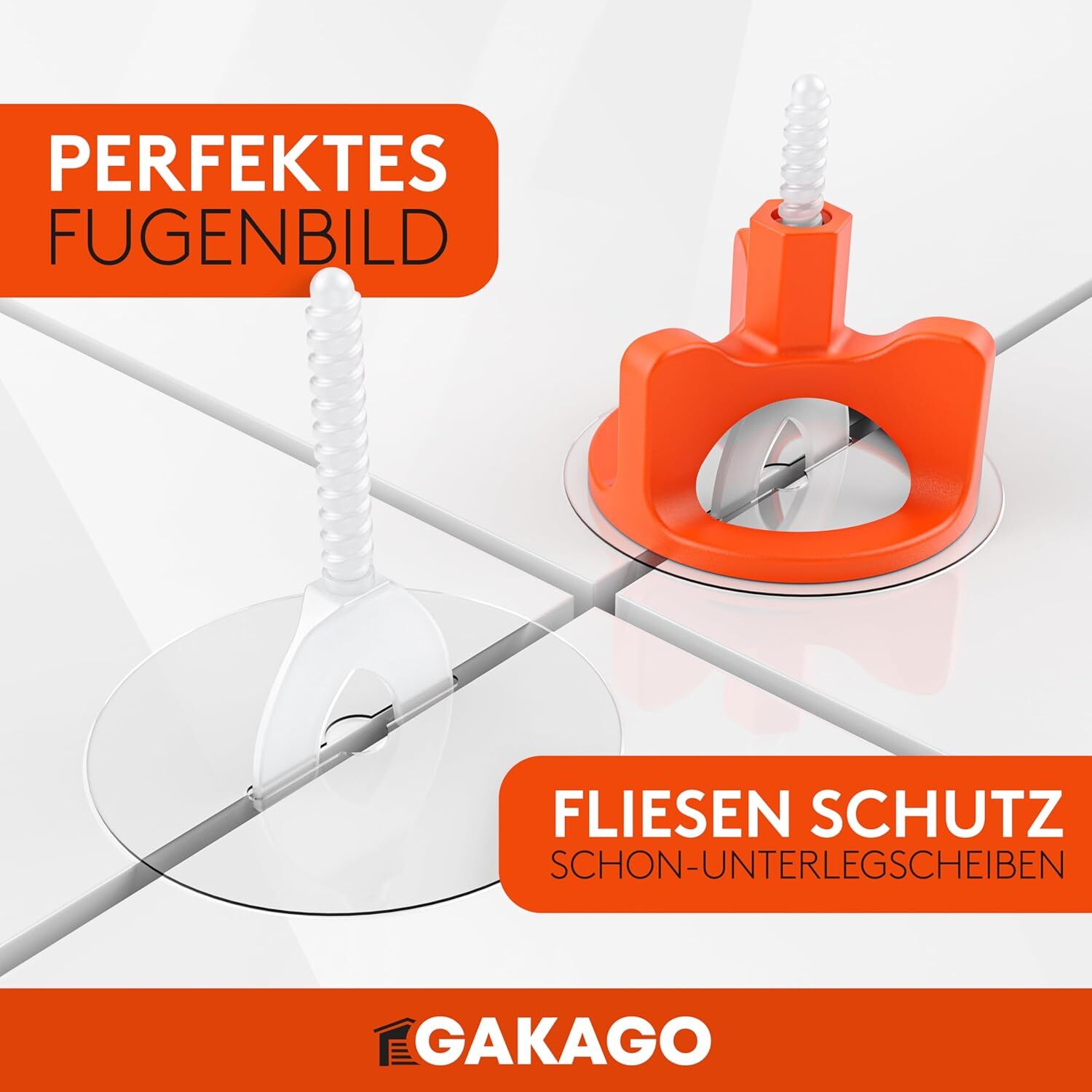 Gakago Fliesen Nivelliersystem 200 Gewindelaschen 3mm - Verlegehilfe für ein perfektes Fugenbild - Überlegene Reichweite für Fliesenstärken 3-18mm - Fliesenschutz durch Schon-Unterlegscheiben
