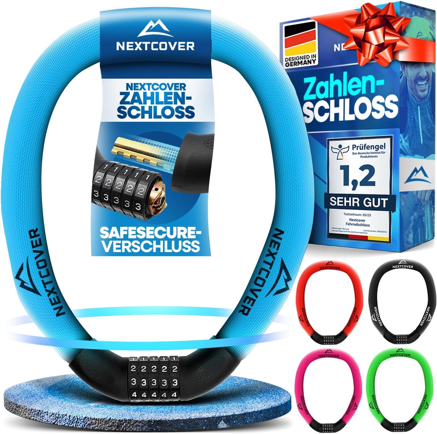 NEXTCOVER Fahrradschloss mit Zahlencode Zahlenschloss Bike Lock Kettenschloss blau
