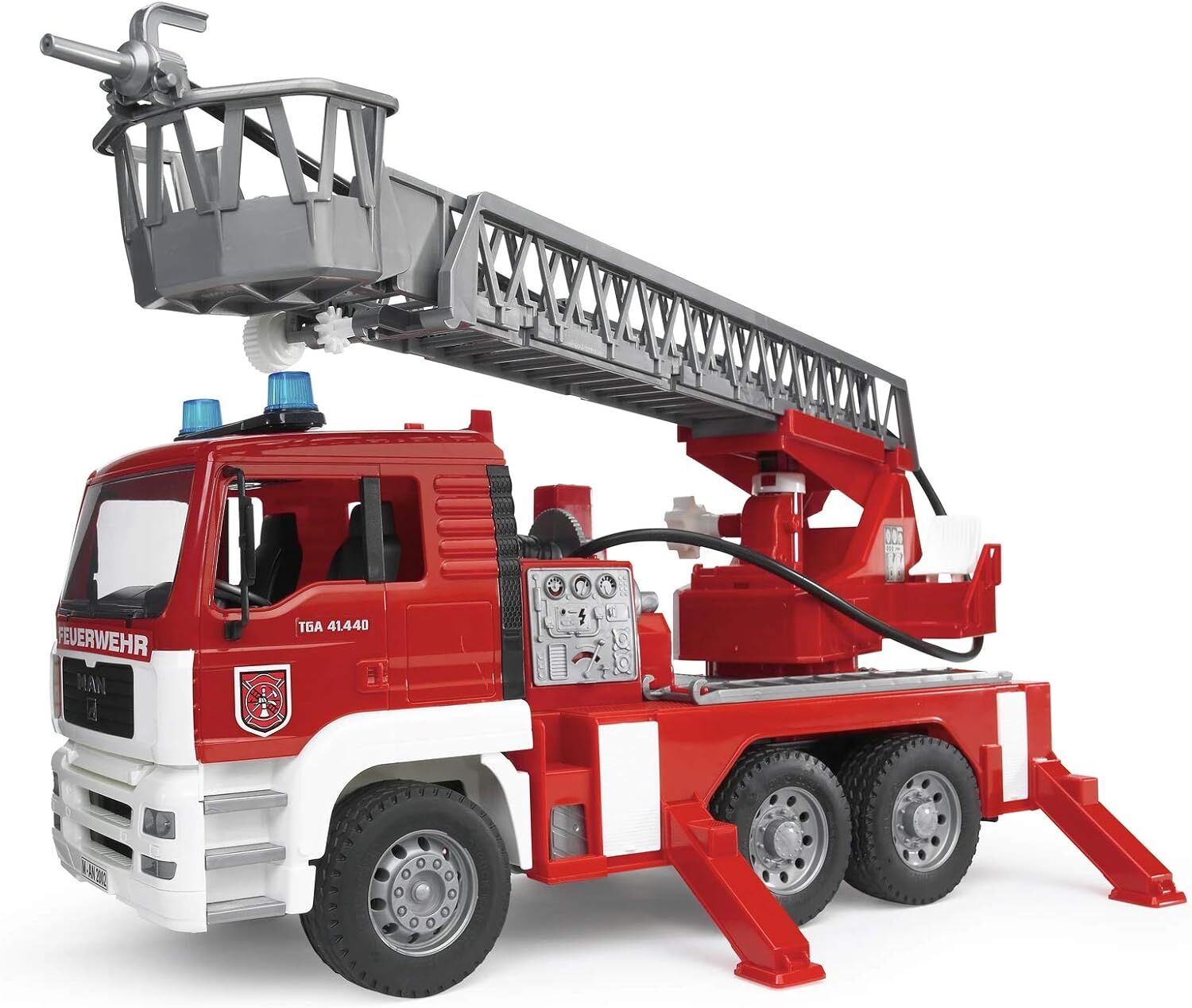 BRUDER 02771 Man TGA Feuerwehr mit Drehleiter Wasserpumpe  mit Licht und Sound Einsatzfahrzeug Feuerwehr Auto Notruf Löschfahrzeug Spielzeug