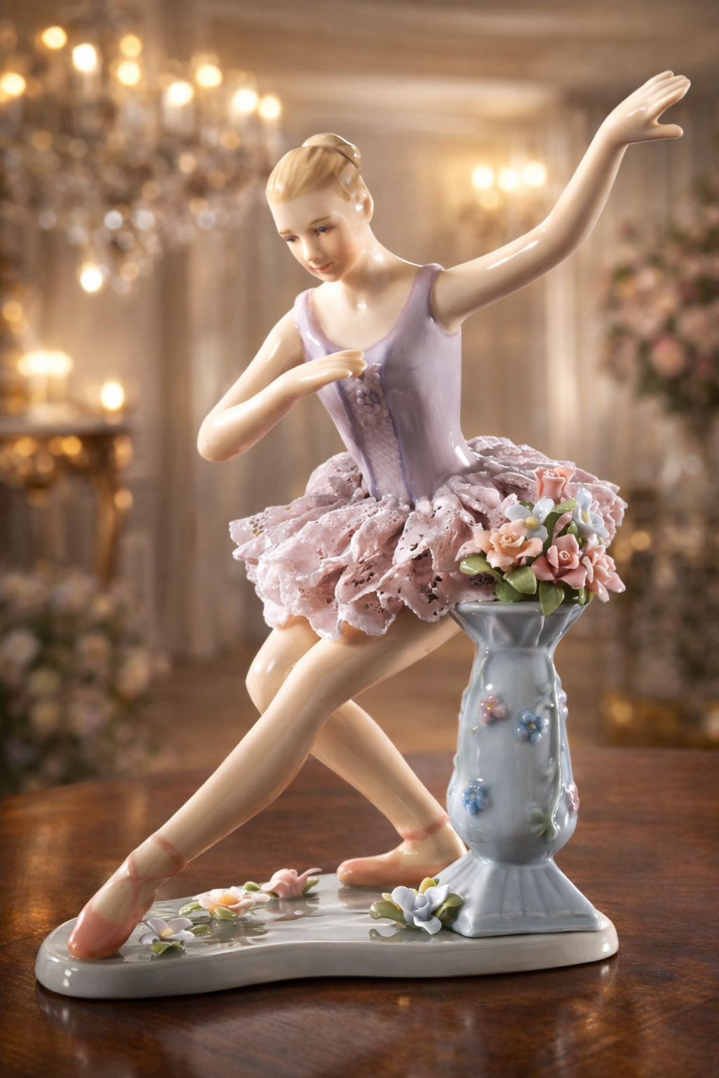 Ballerina-figur, Tänzerin, Porzellanfigur, Tüllrock, Blumen Vase