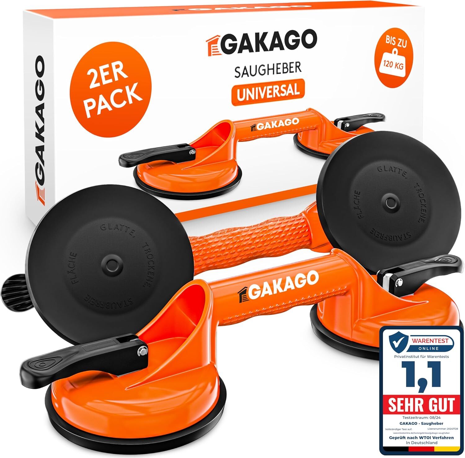 Gakago 2er Set Saugheber Ergonomische & rutschfeste Sauggriffe 120kg tragfähig Vakuumheber Glasträger