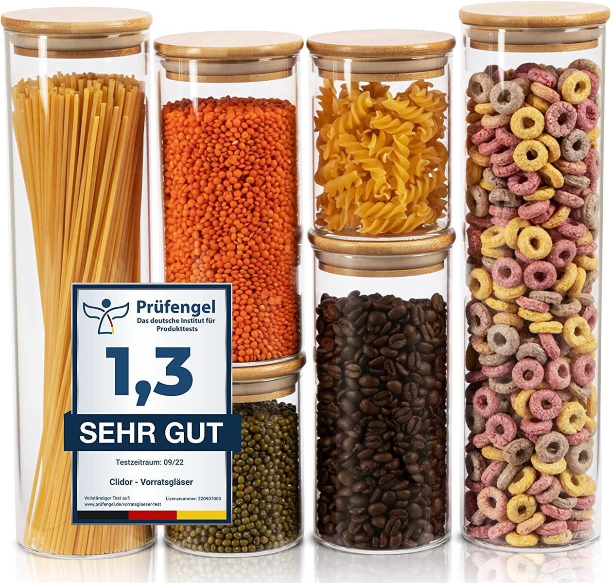 CLIDOR Vorratsgläser 6er Set  Vorratsdose Glas mit Bambusdeckel