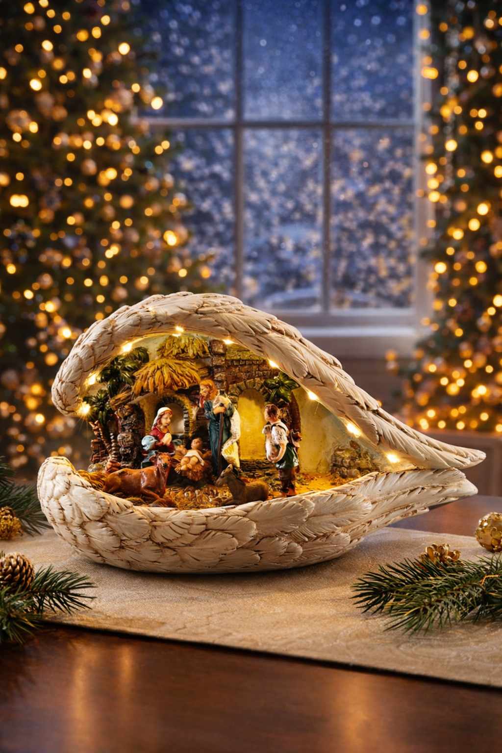 Weihnachtskrippe, Korbkrippe, Laubschnitt, Lichterdekoration, Nativity Szene