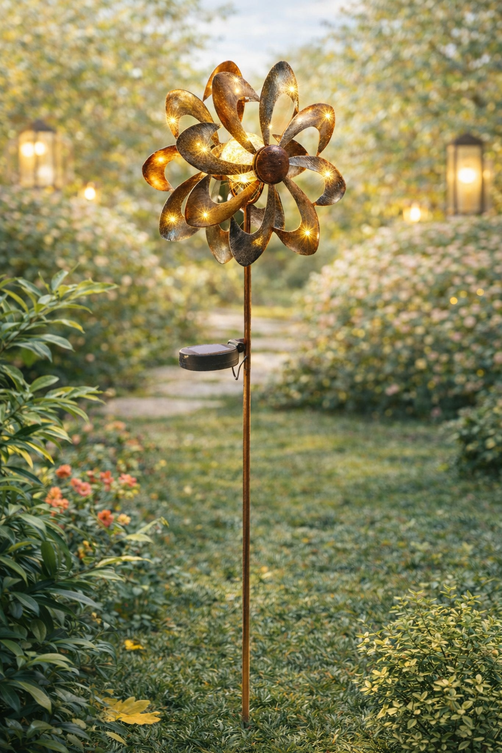 gartenbeleuchtung, solarlicht, windrad, kugelscheinwerfer, gartenstab