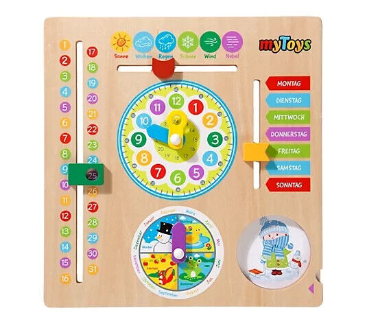 myToys Kalenderuhr aus Holz mit Hängevorrichtung lehrt Datum & Zeit Spieluhr Kalender