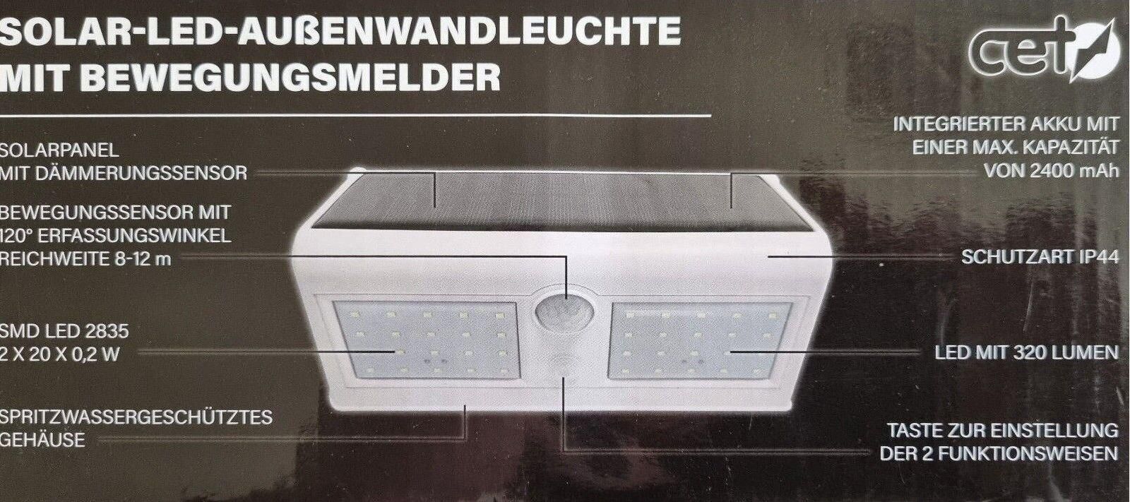 Solar Außenwandleuchte LED Lampe mit Bewegungssensor Weiß 8 W 320 Lumen IP44