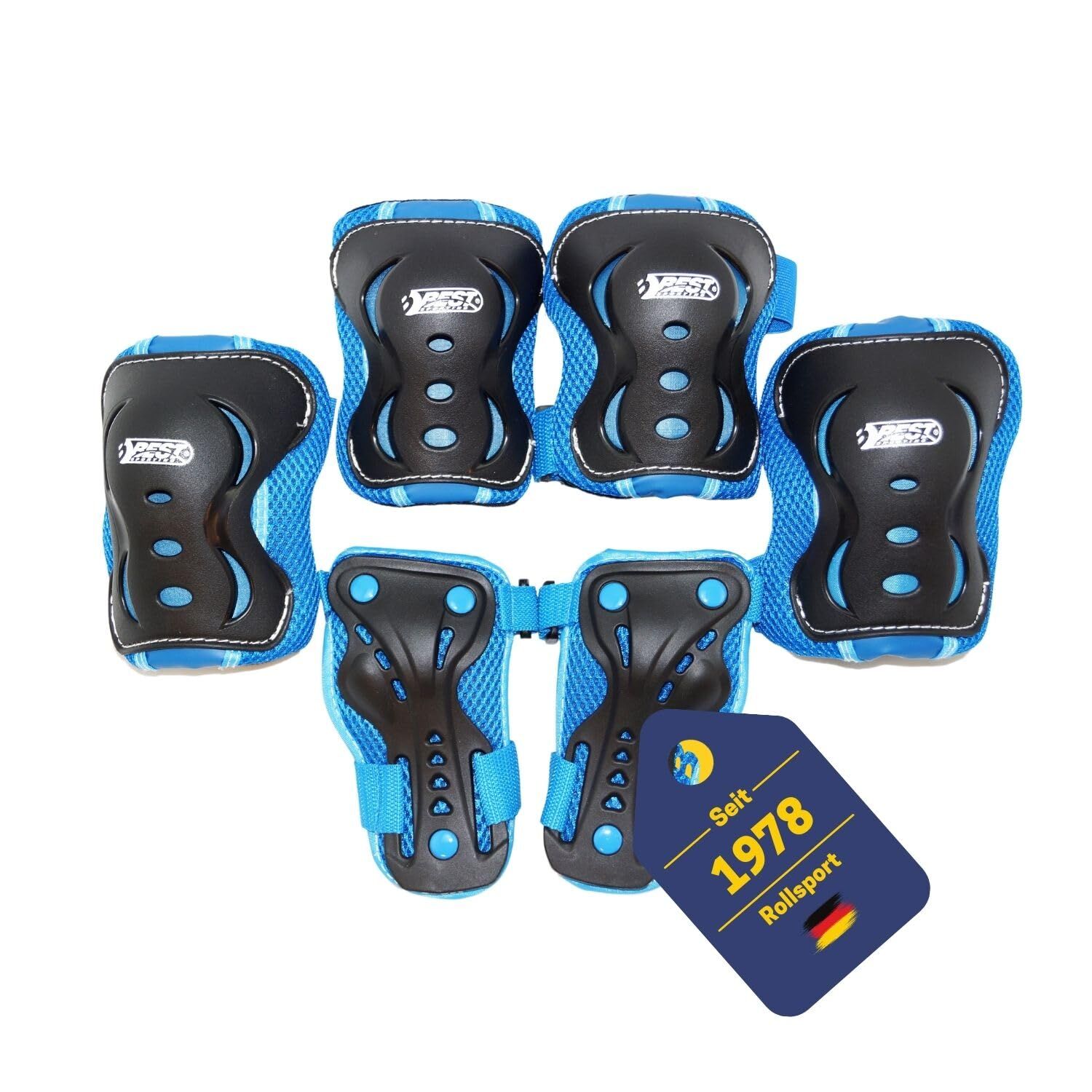 Best Sporting Schützer Set HQ für Kinder I Ellenbogenschoner / Handrückenschoner / Knieschoner in Größe M I hochwertiges Skater Schützer Set in Blau/Schwarz I Robustes Schonerset