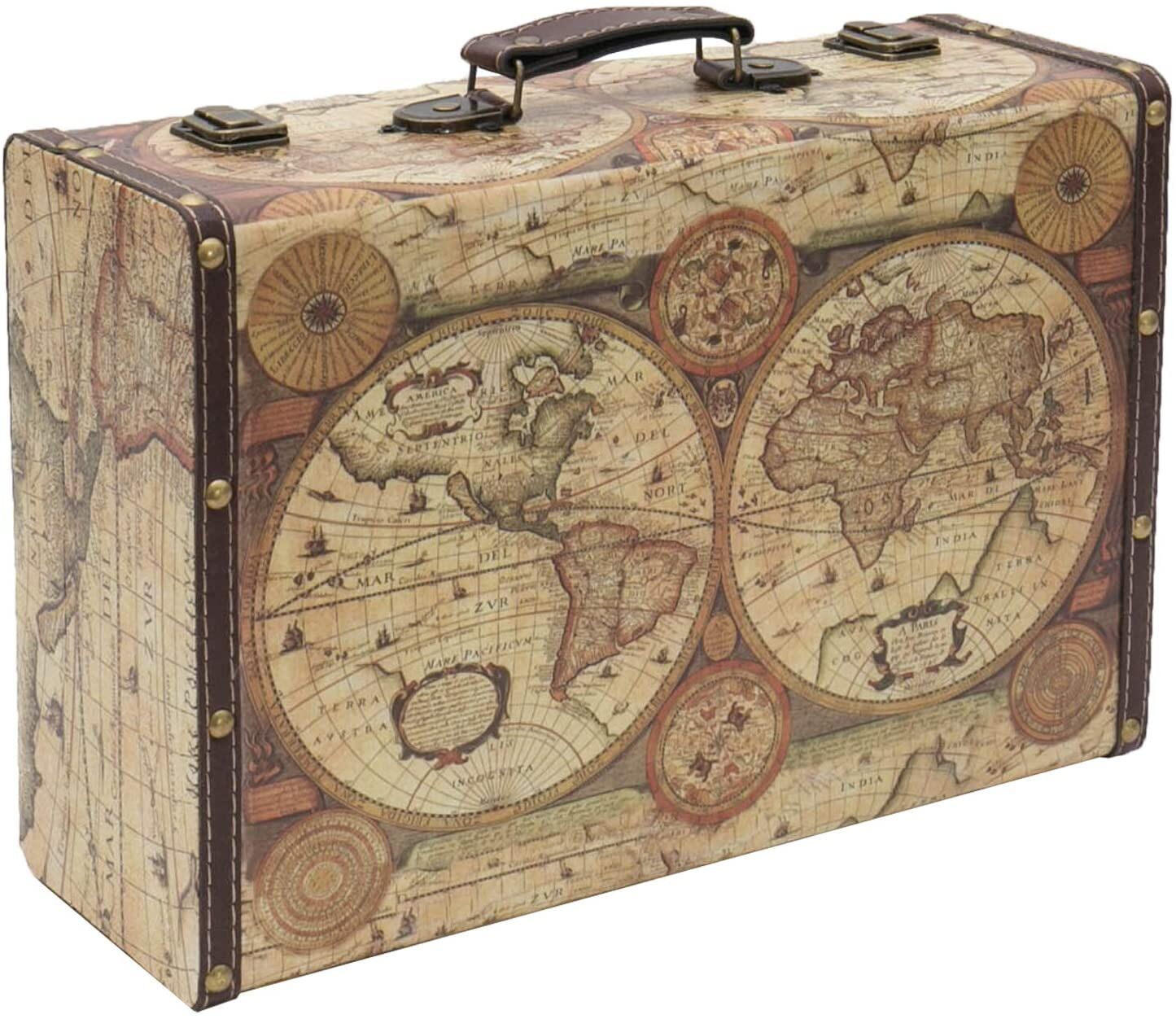 reisekoffer, landkarte, weltkarte, antiqua stil, holzoptik