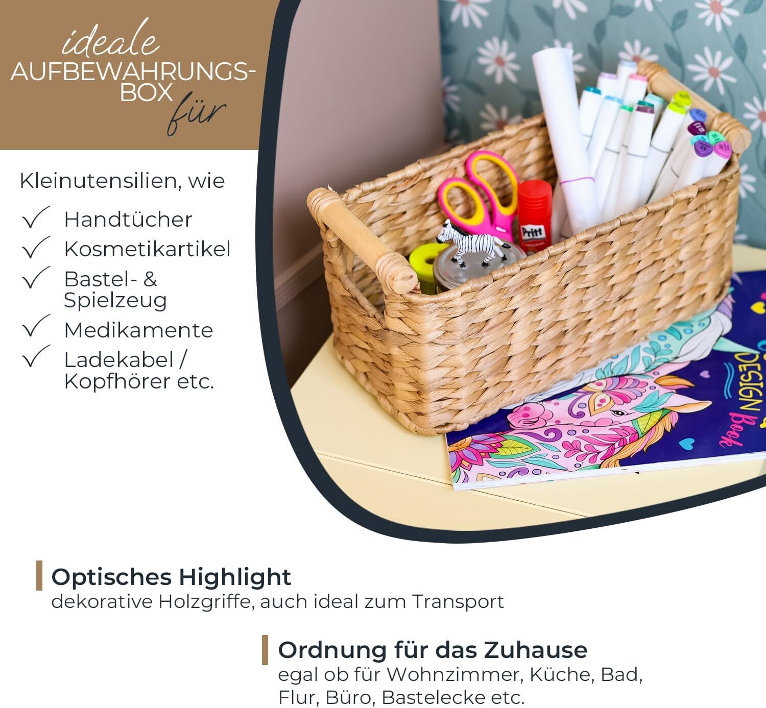 HMF Aufbewahrungskorb Badezimmer Korb geflochten aus Wasserhyazinthe mit Holzgriffen