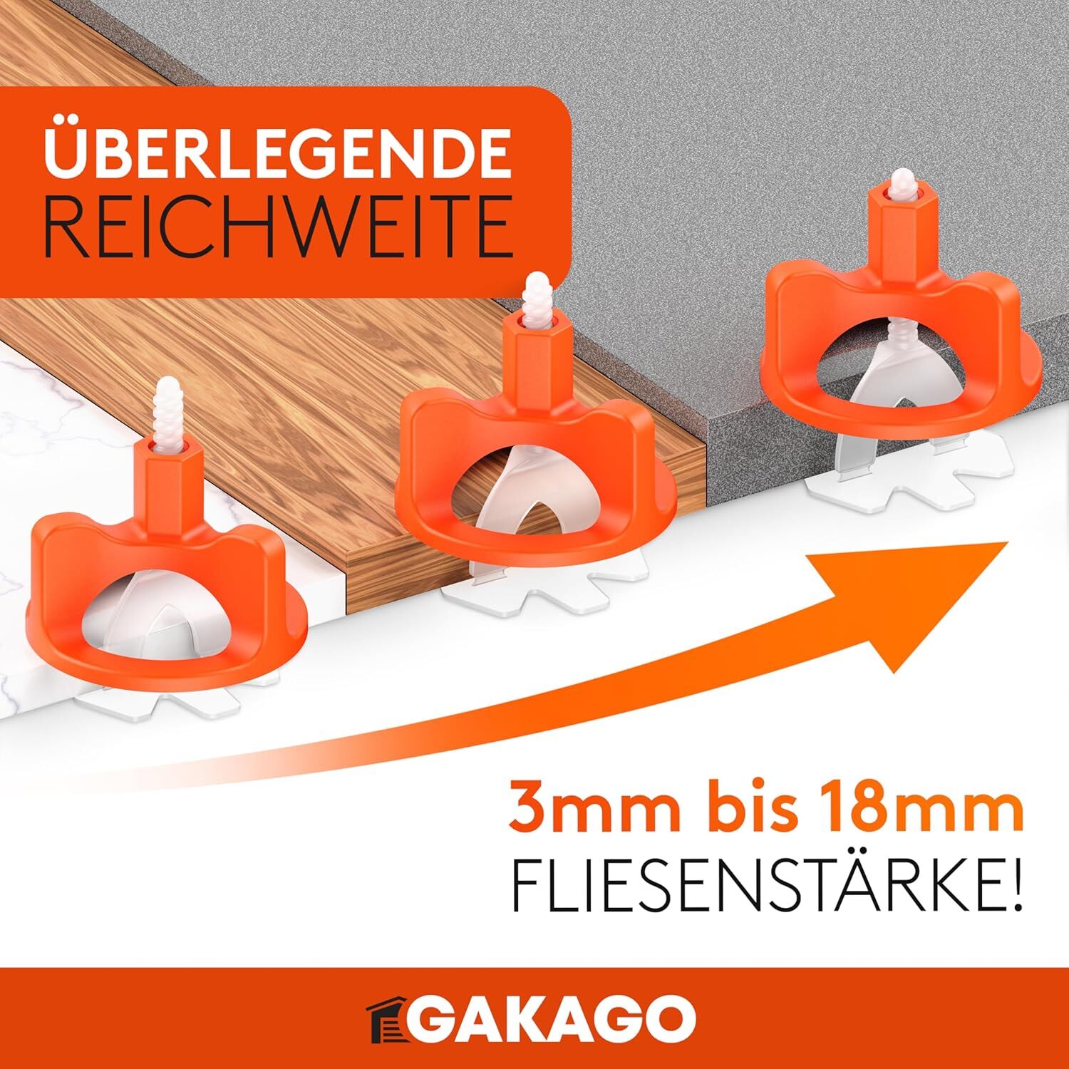 Gakago Fliesen Nivelliersystem 200 Gewindelaschen 3mm - Verlegehilfe für ein perfektes Fugenbild - Überlegene Reichweite für Fliesenstärken 3-18mm - Fliesenschutz durch Schon-Unterlegscheiben