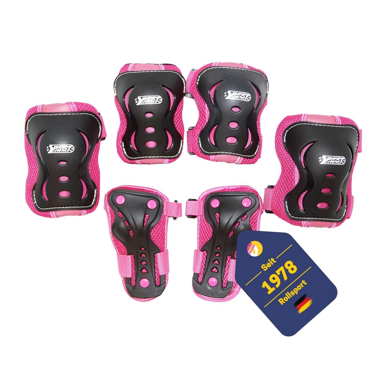 Best Sporting Schützer Set HQ für Kinder I Ellenbogenschoner/Handrückenschoner/Knieschoner in Größe M I hochwertiges Skater Schützer Set in Pink/Schwarz I Robustes Schonerset