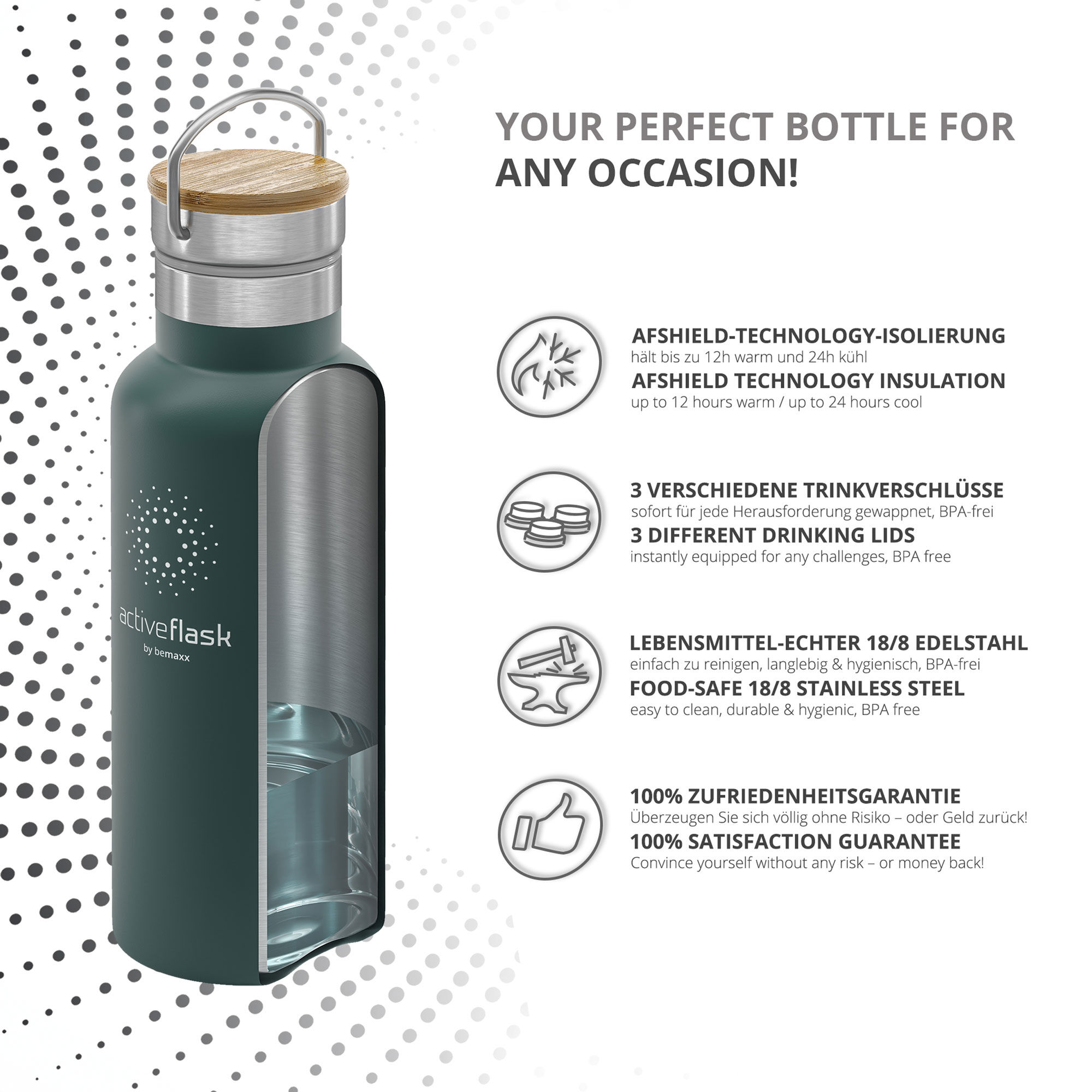 BeMaxx Trinkflasche Edelstahl ACTIVE FLASK oliv Bamboo-Verschluss 950l
