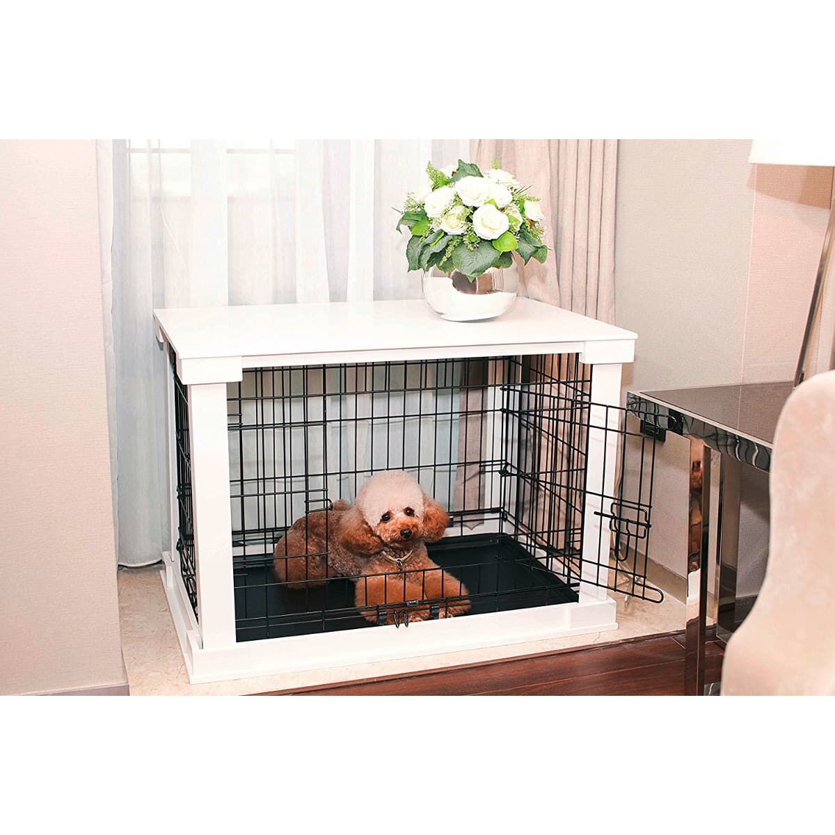 Dobar Hundekäfig aus Holz mit Tischoberfläche weiß