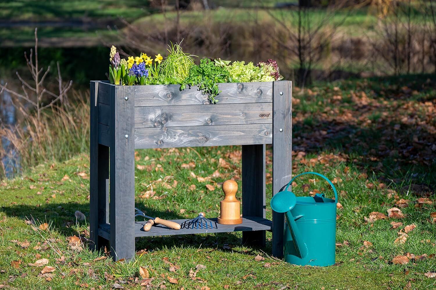 raised garden planter, wooden planter, outdoor planter, garden accessories, watering can