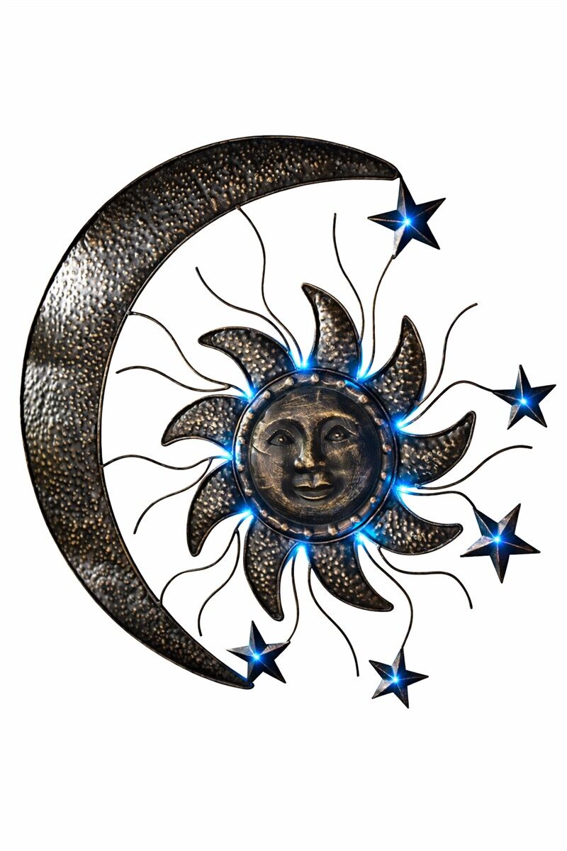 Mondsonne Wanddekoration, Sonnenmond Kunst, Sternenlicht Deko, Metall Wandkunst, Nacht Himmel Motiv