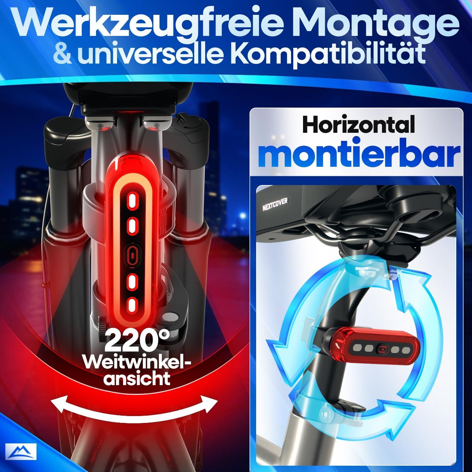 NEXTCOVER Rücklicht Fahrrad mit VisionLux LEDs und Bremslicht I StVZO zugelassen I LED Fahrradrücklicht mit 8 Stunden Akku I Fahrradlicht hinten für Rennrad E-Bike Fahrrad Rücklicht blinkend