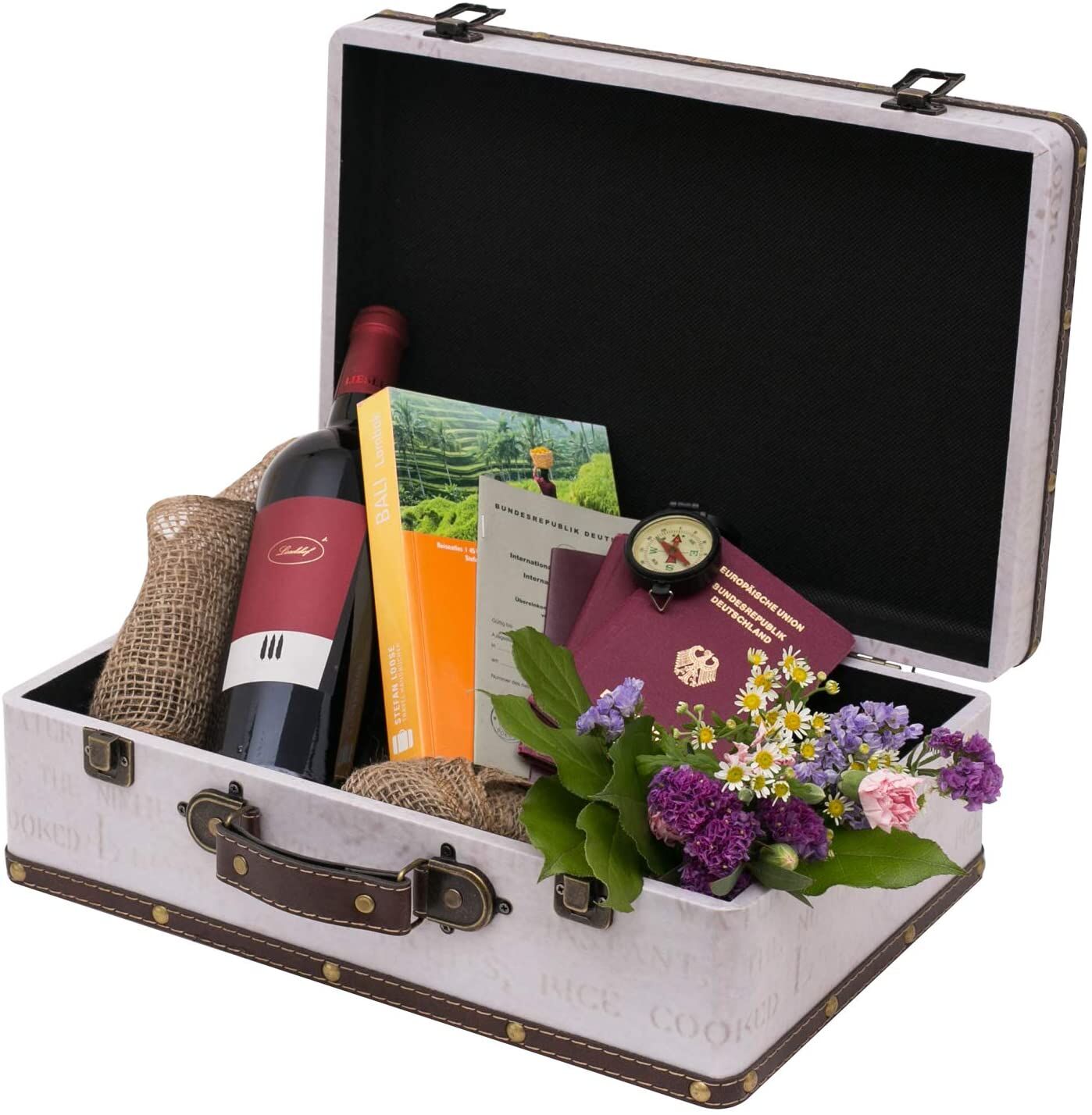 Wein, Flasche, Koffer, Blumenstrauß, Reise