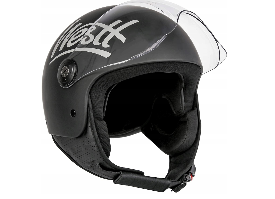 Open-face helmet, Motorcycle helmet, Half-face, Clear visor, Padded chinstrap
