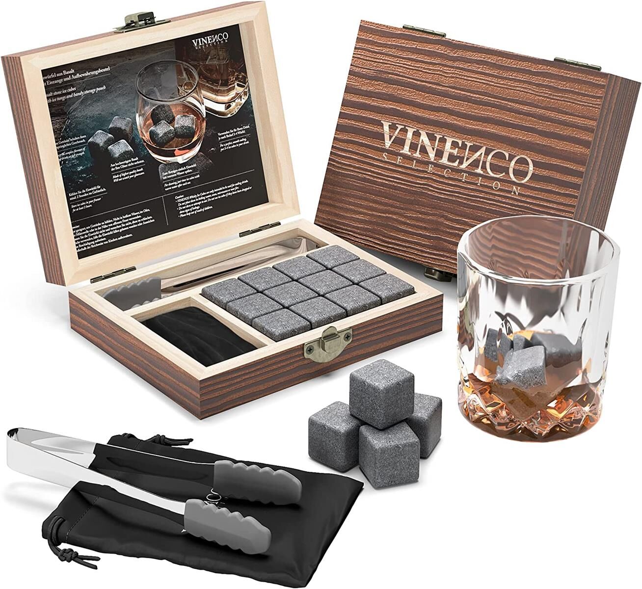 VINENCO Whisky Basalt Steine Set - 12 Wiederverwendbare Eiswürfel