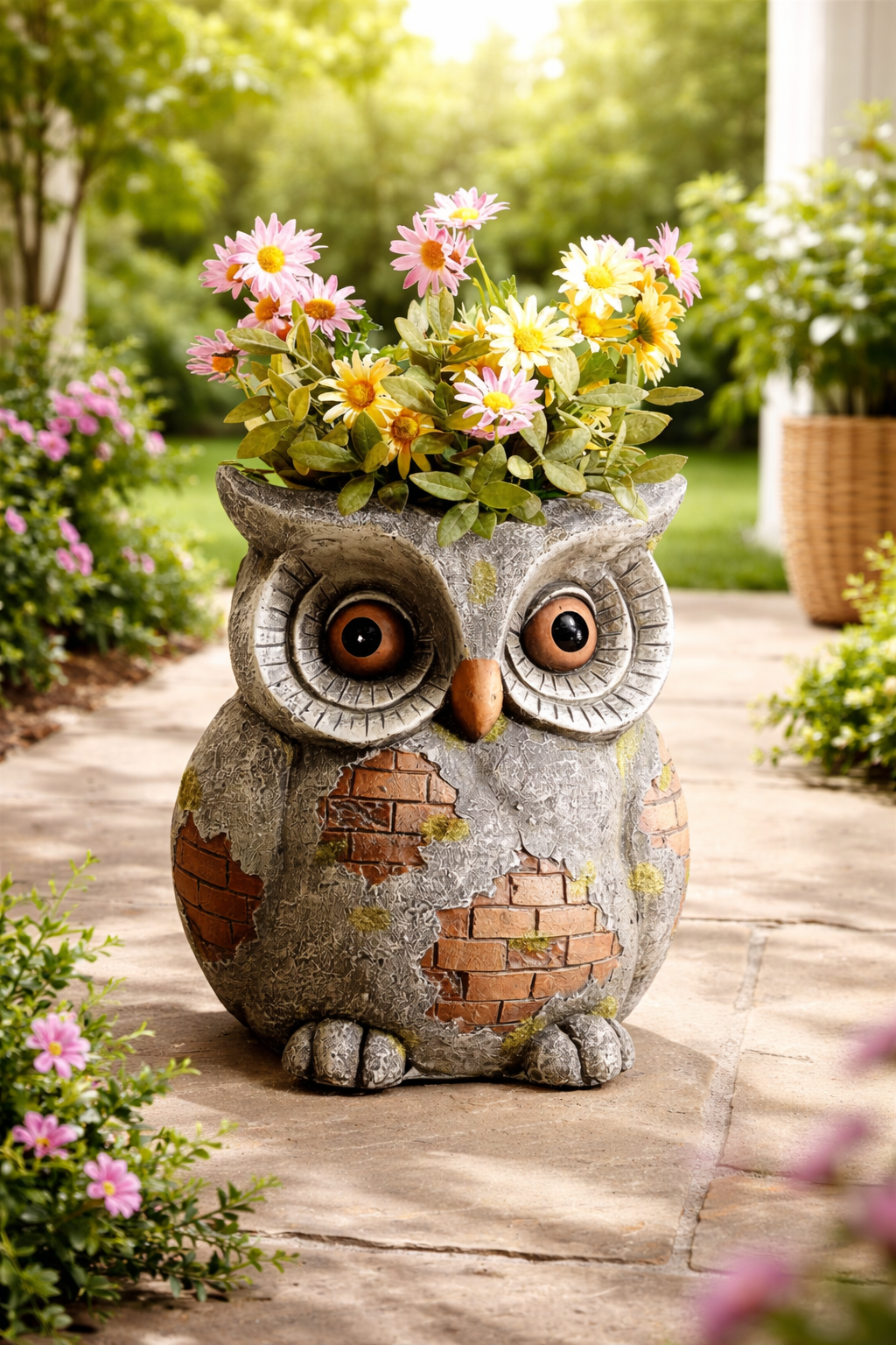 Eulen-Topf, Blumentopf, Kunststein, Gartenfigur, Blumen