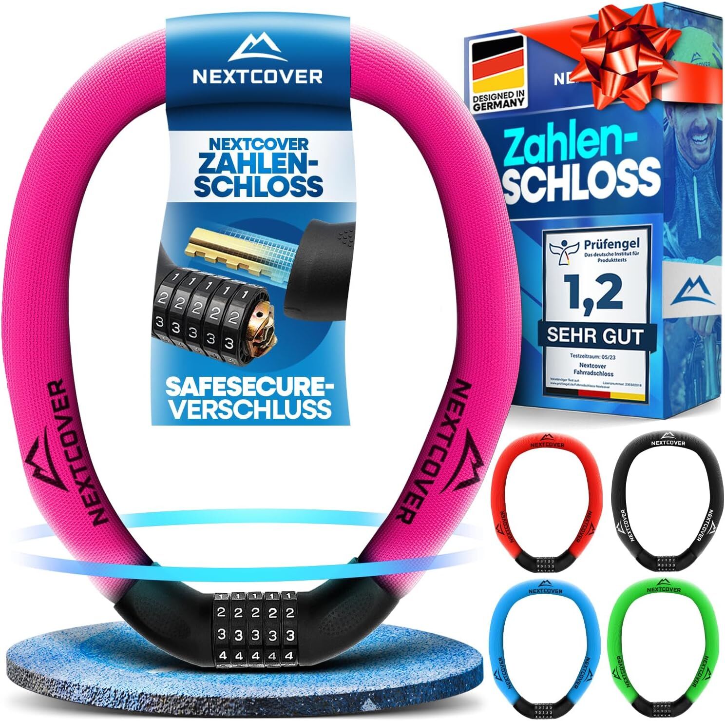 NEXTCOVER Fahrradschloss mit Zahlencode Zahlenschloss Bike Lock Kettenschloss pink