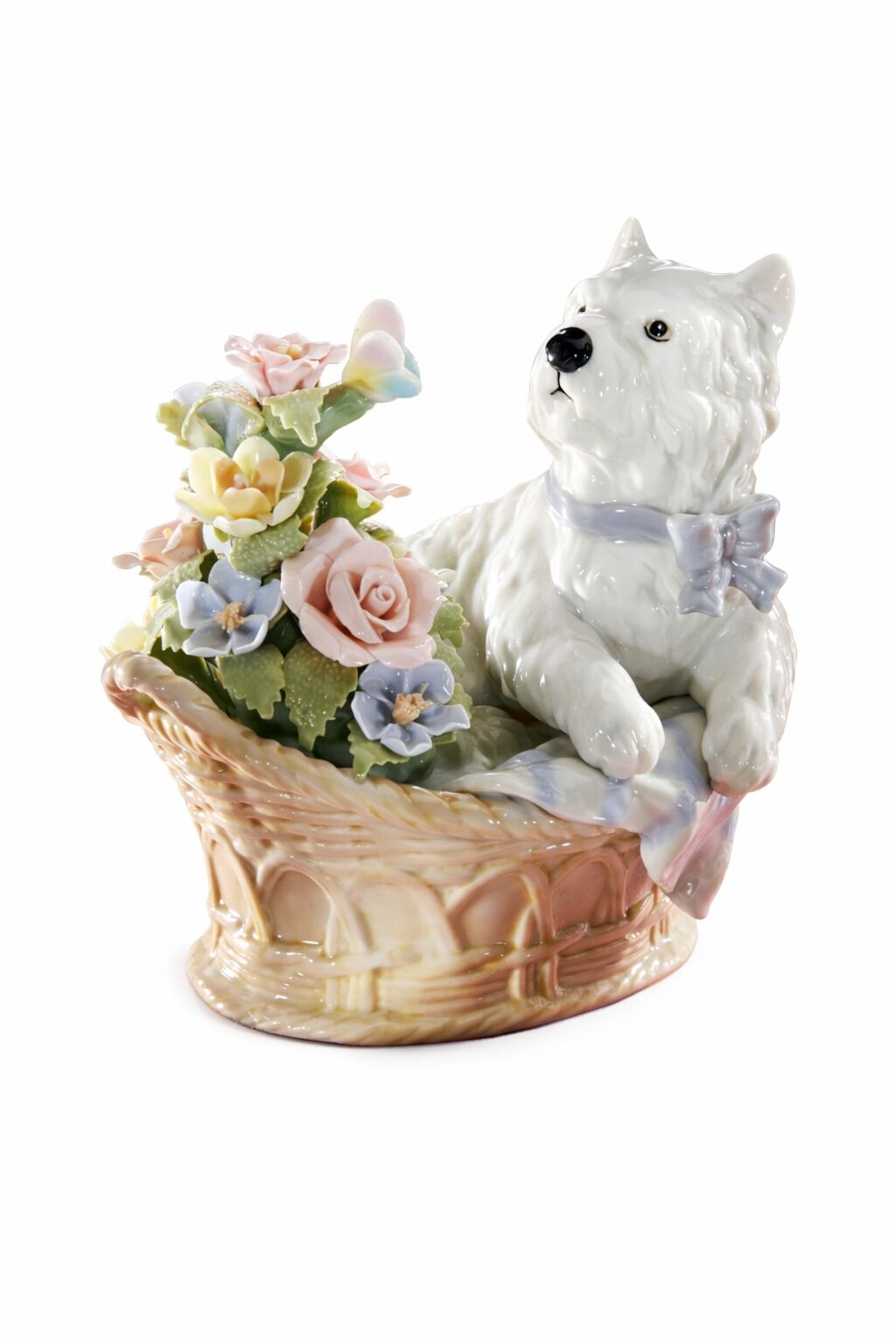Porzellanfigur, Hundestatue, Korb, Blumen, Weißer Hund