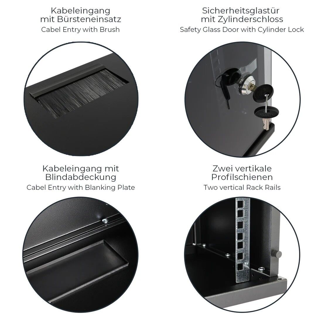 Kabel Eingang, Brusteneinsatz, Sicherheitsglas, Zylinder, Zwei vertikale Schienen