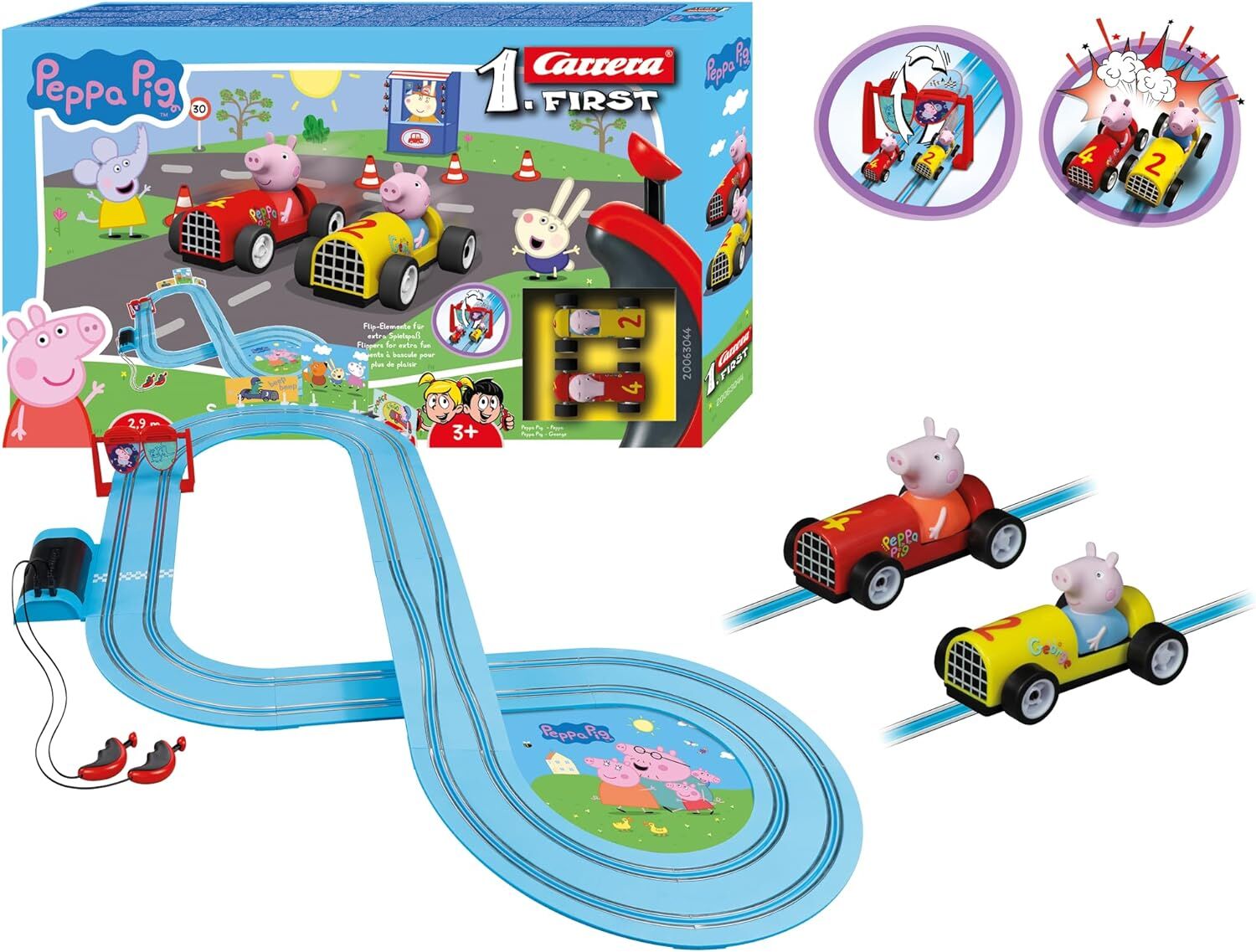 Carrera FIRST 20063044 Peppa Pig Soapbox Race Rennstrecken Set elektrische Rennbahnen und Slotcars im Maßstab 1:50 Autorennbahn