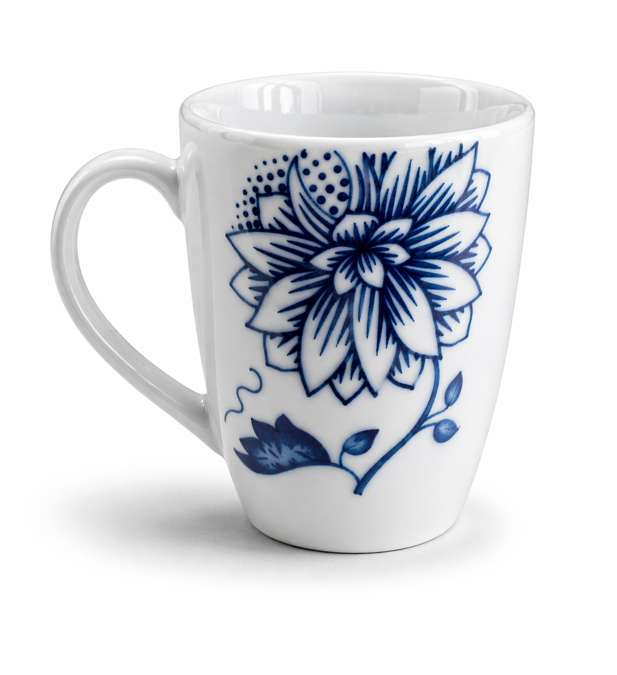 Porzellanbecher, blaues Blumendekor, weiße Keramik, Henkelbecher, Keramiktasse