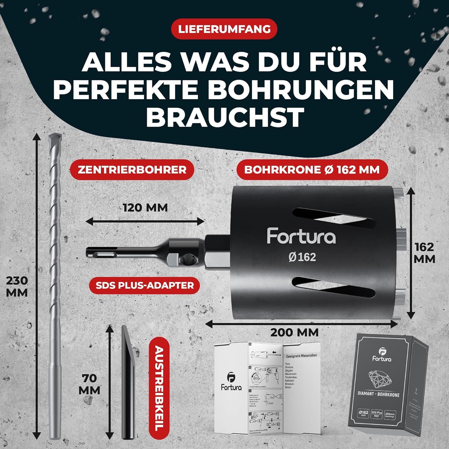 Zentrierbohrer, Bohrkrone Ø 162 mm, SDS Plus-Adapter, Bohrer, Diamant-Bohrkroneneinsatz
