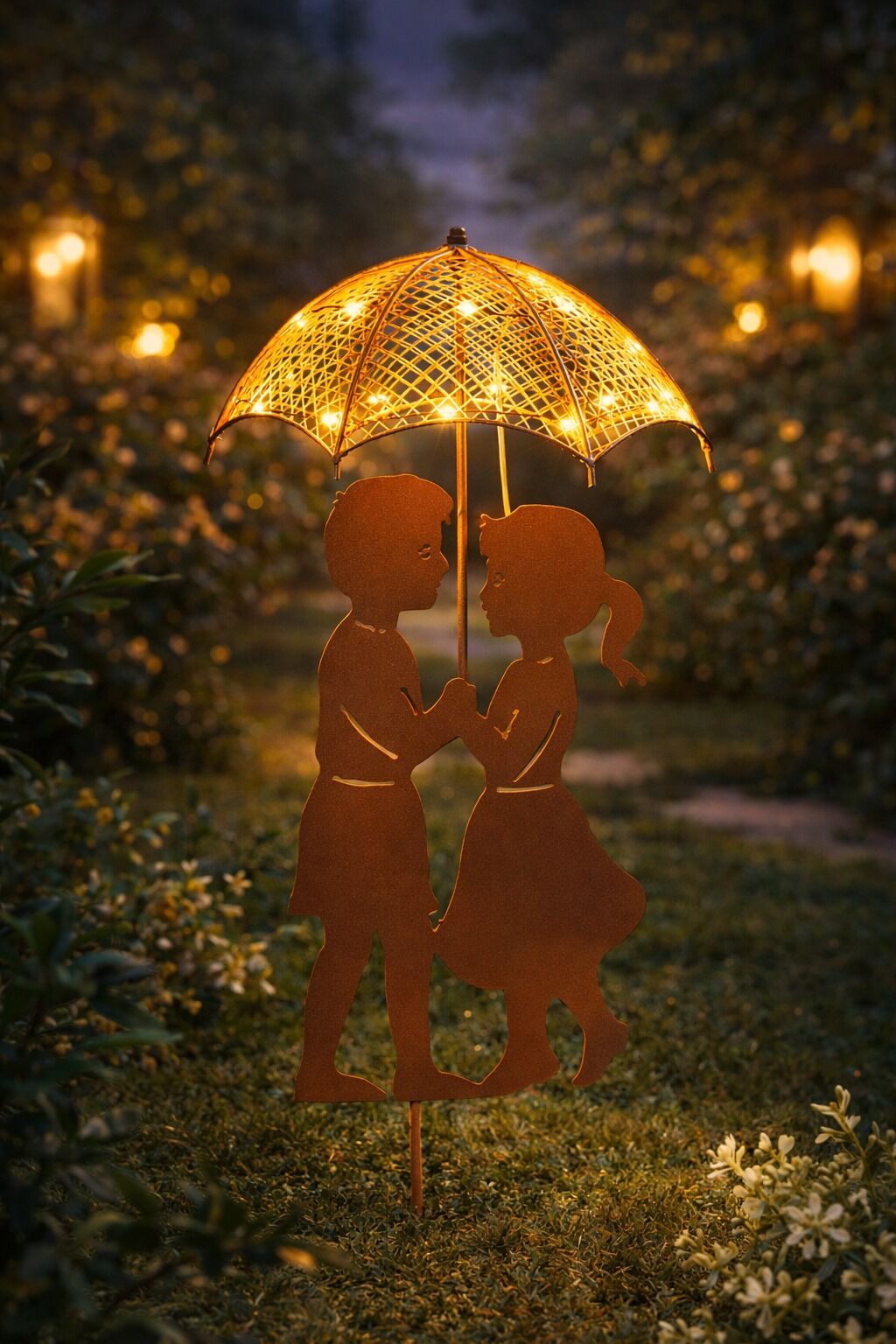 Lichterkette, Sonnenuntergang, Paar, Schirm, Silhouette